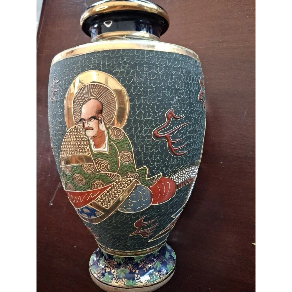 Japanese Satsuma Style Hand-Painted Vase with Figures and Gold Accents